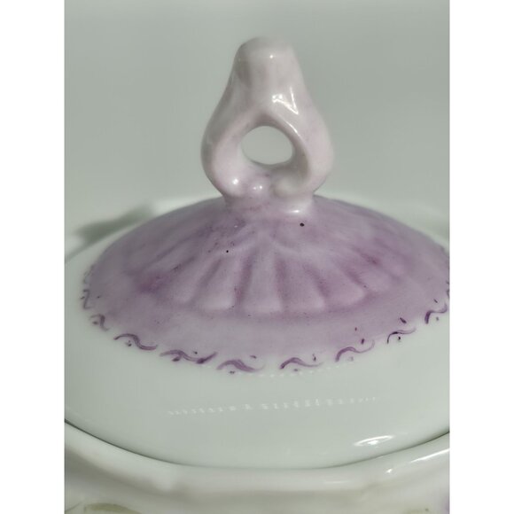Antique Hand Painted Porcelain Sugar Bowl With Purple Lid & Floral Design - Picture 6 of 12